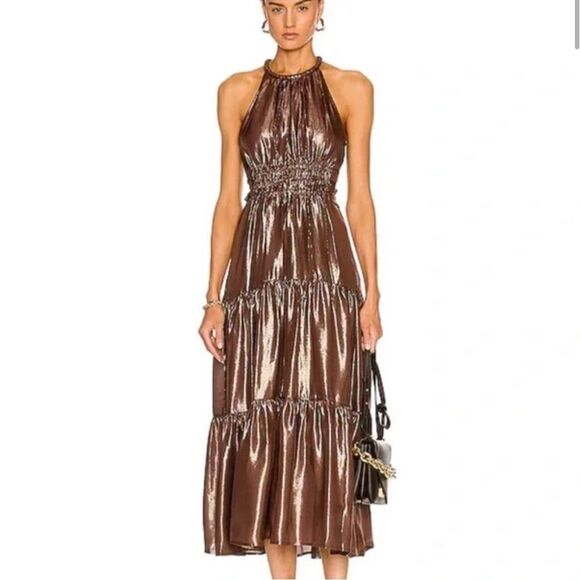 A.L.C. Elara Silk Blend Metallic Tiered Maxi Dress Bitter Chocolate Sz 14 - Picture 3 of 13
